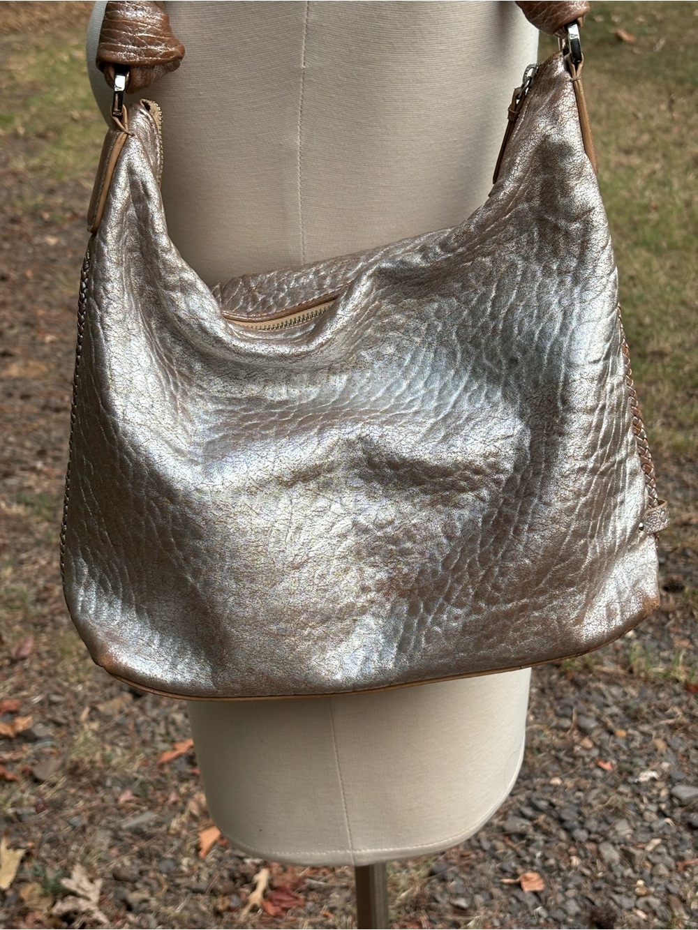 Cole Haan Metallic Bronze Slouchy Hobo Shoulder Bag Soft Distressed Top Zipper